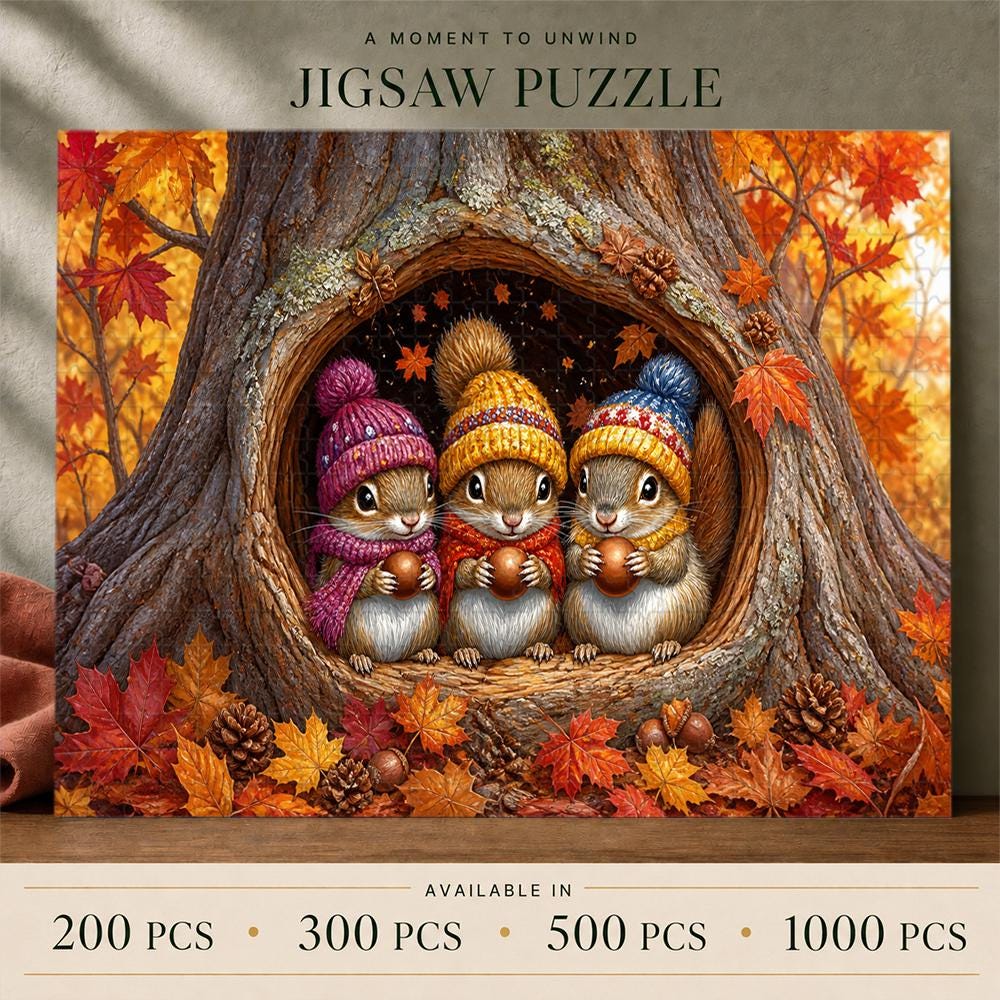 Autumn Owl Trio Jigsaw Puzzle, Cozy Tree Hollow Scene, Gift for Owl Lovers