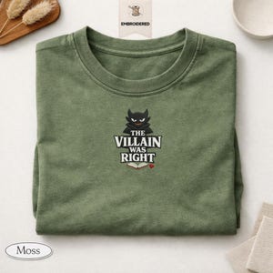 Geborduurd T-shirt The Villain Was Right, Dark Romance Reader-shirt, comfortkleuren leesgrage shirt, moreel grijze held cadeau, BookTok-T-shirt afbeelding 1