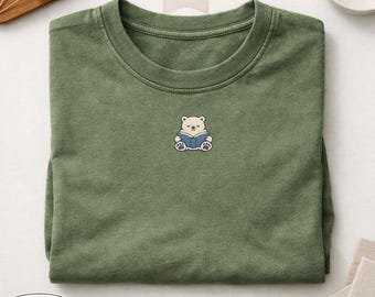 Comfort Colors Polar Bear Reading Embroidered Shirt, Cute Book Lover Tee, Bookish Animal Shirt, Reader Gift