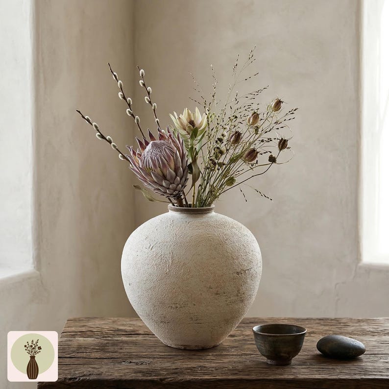 Puede incluir: Un jarr&oacute;n de cer&aacute;mica texturizada de color crema contiene un arreglo floral de flores secas, incluyendo una gran protea de color p&uacute;rpura claro. Un peque&ntilde;o cuenco marr&oacute;n oscuro y una piedra gris oscura lisa est&aacute;n sobre una mesa de madera r&uacute;stica.