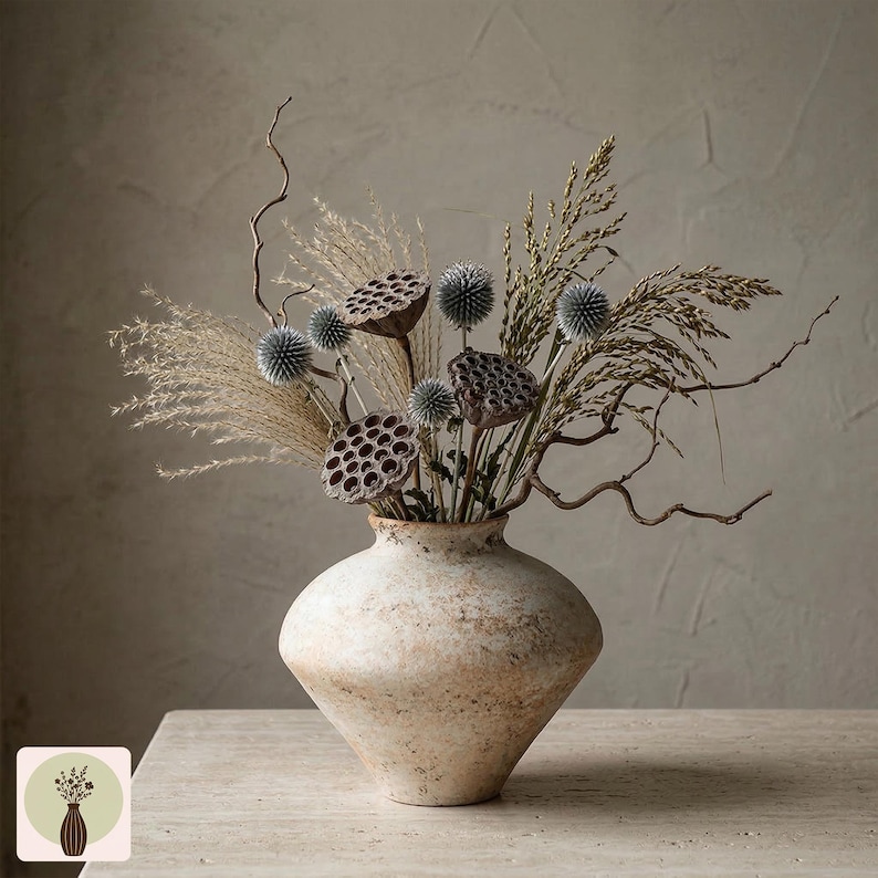 Puede incluir: Un jarr&oacute;n beige texturizado con una forma &uacute;nica, lleno de flores secas, vainas de semillas y hierbas. El arreglo incluye flores espinosas azules parecidas al cardo y elementos delicados y plumosos, creando una est&eacute;tica natural y r&uacute;stica. El jarr&oacute;n est&aacute; sobre una superficie clara.