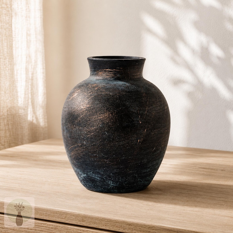 May include: A rounded vase with a wide body and a narrow neck, featuring a dark black finish with distressed copper and bronze-toned brushstrokes throughout the surface, creating a textured appearance with visible horizontal and diagonal markings.