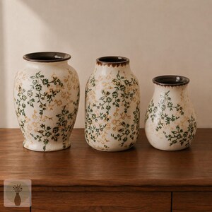 Blommiga keramiska vaser, vintage-inredning i lantlig stil, franska lantliga keramikvaser Your Set of 3