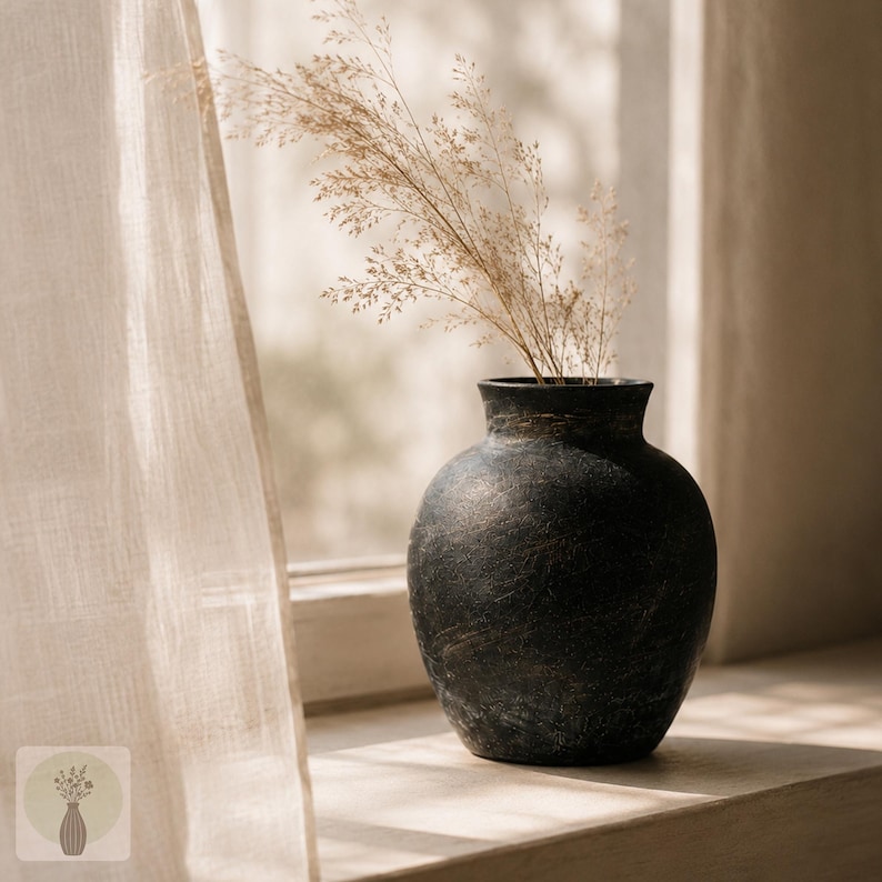 May include: A dark, textured, round-bodied vase with a narrow neck and flared rim. The vase has a matte, weathered black finish with subtle brown undertones and contains a cluster of dried, light beige ornamental grasses with feathery plumes.