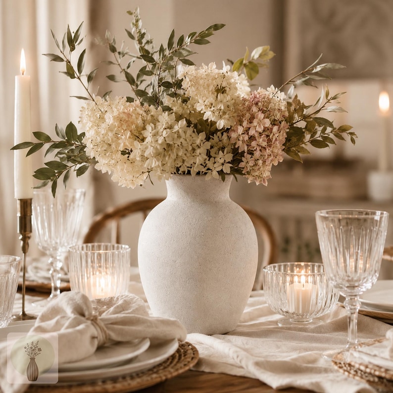 May include: A matte off-white ceramic vase with a rounded body and narrow neck, filled with a bouquet of dried white and pale pink hydrangea flowers and green foliage, positioned as a centerpiece on a table with candles and glassware.
