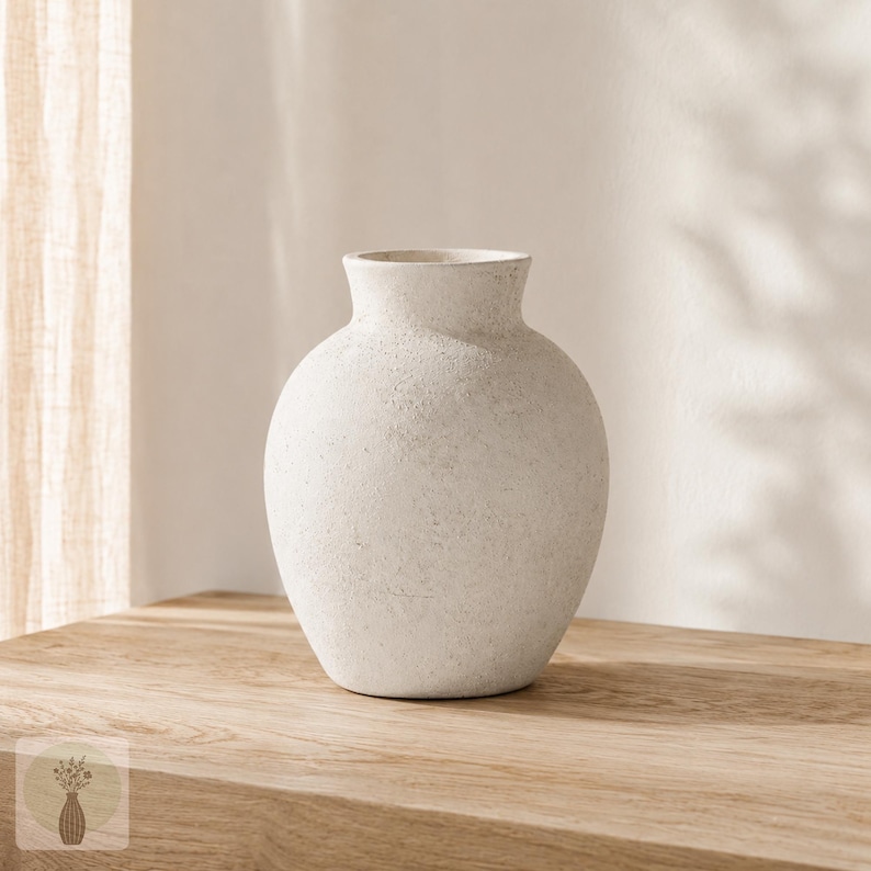 May include: A round, off-white ceramic vase with a textured, matte finish. The vessel features a wide, bulbous body that tapers into a short, narrow neck with a simple, open rim. The surface has a subtle, speckled appearance throughout.