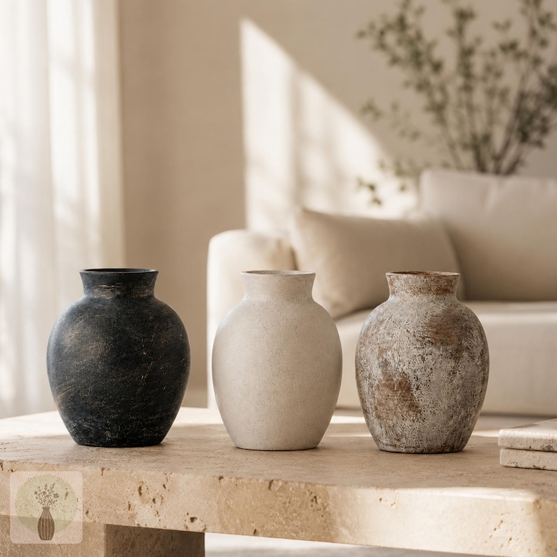May include: Three rounded vases with narrow necks arranged in a row. The first vase is matte black with a textured finish, the second is a solid off-white with a smooth surface, and the third is a mottled brown and white with a weathered appearance.