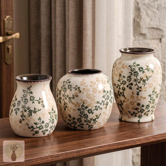 Floral Ceramic Vases, Vintage Cottagecore Decor, French Country Pottery Vases