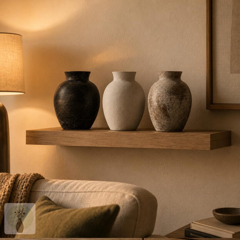 May include: Three rounded vases sit on a wooden shelf. The first vase is matte black with a textured finish, the second is a smooth off-white, and the third is a mottled brown and beige with a weathered, rustic appearance and a narrow neck.