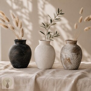 May include: Three rounded vases with narrow necks arranged in a row. The left vase is dark charcoal with a textured finish, the center vase is matte off-white, and the right vase has a distressed brown and white mottled appearance.