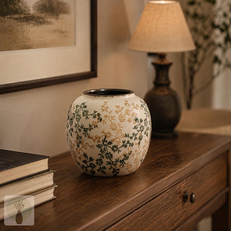May include: A round ceramic vase with a cream-coloured crackle glaze finish, decorated with a repeating pattern of delicate green and gold floral vines. The vase features a wide, circular opening with a dark, contrasting rim at the top.