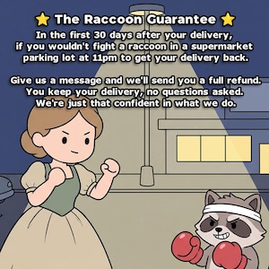 May include: A cartoon illustration featuring a person in a tan dress and a raccoon wearing a white headband and red boxing gloves. The text reads: The Raccoon Guarantee. In the first 30 days after your delivery, if you wouldn't fight a raccoon in a supermarket parking lot at 11pm to get your delivery back. Give us a message and we'll send you a full refund. You keep your delivery, no questions asked. We're just that confident in what we do.