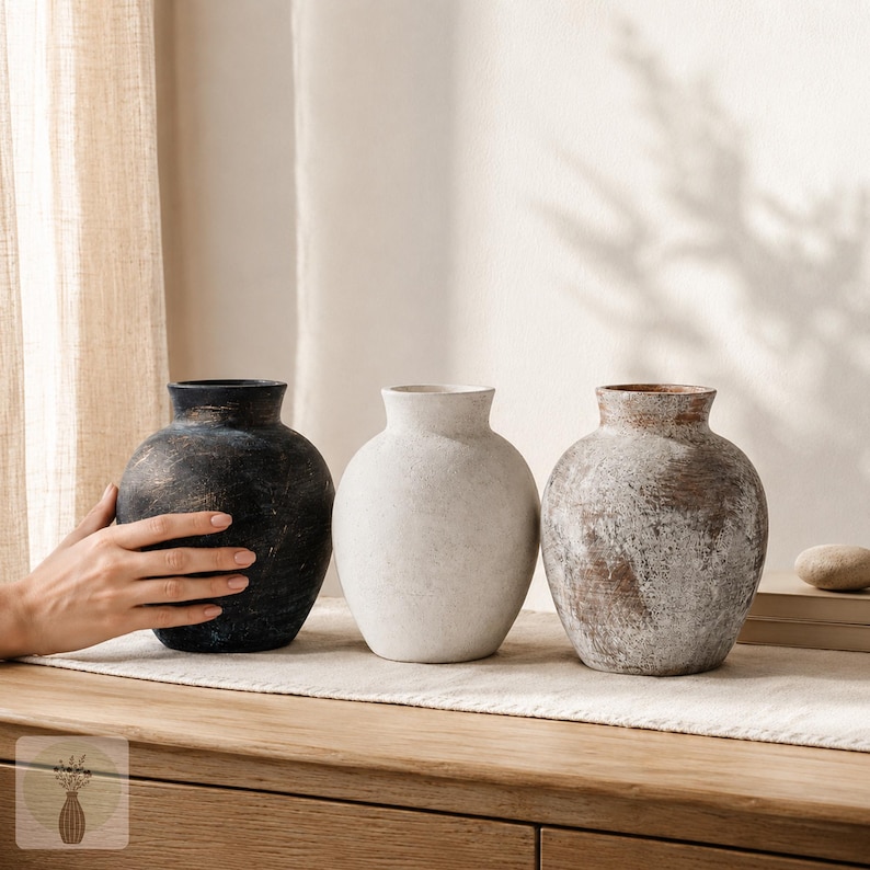 May include: Three rounded vases with narrow necks and textured surfaces. The first vase is dark charcoal with distressed highlights, the second is a solid matte off-white, and the third is a mottled brown and white finish with a weathered appearance.