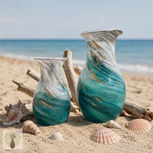 May include: Two vases with a marbled finish in shades of teal, white, and gold. The vases have a curved, tapered shape with a wide opening at the top. The surface features a swirling pattern of colors that resembles ocean waves and sand.