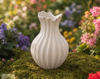 Biały, żłobiony wazon ceramiczny, falbaniasty brzeg, minimalistyczny wystrój domu