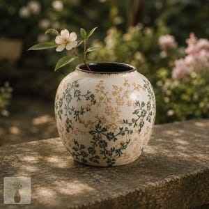 Puede incluir: Un jarrón de cerámica de color crema con forma redondeada y acabado de esmalte craquelado, decorado con un patrón repetitivo de enredaderas florales verdes y marrón dorado. Una flor blanca con hojas verdes está en la abertura.
