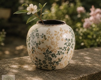 Jarrón de cerámica para flores, decoración estilo cottagecore, jarrón con esmalte craquelado de estilo vintage, cerámica campestre francesa.