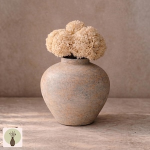 May include: A beige, textured vase with a rounded body and a narrow neck, holding a cluster of dried, cream-coloured flowers. The vase has a mottled appearance with hints of blue and brown. The overall aesthetic is rustic and natural.