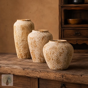 Rustieke keramische vazen set van 3, matte terracottakleurige aardewerken potten, aardse woondecoratie
