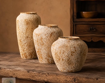 Juego de 3 jarrones de cerámica rústica, tarros de cerámica color terracota mate, decoración natural para el hogar.