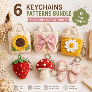 Pacchetto di schemi per portachiavi all'uncinetto: mini borsa, fragola, fungo, fiocco (download PDF)