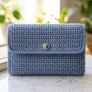 May include: A rectangular, dusty blue crochet clutch bag featuring a structured, folded flap design. The exterior is crafted with a consistent, dense stitch pattern and is secured in the center by a single, polished silver-toned metal snap button.