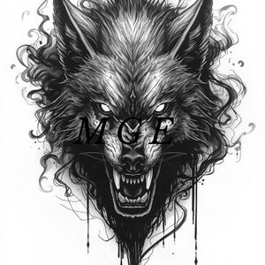 May include: A black and white illustration of a snarling wolf's head with glowing eyes and sharp teeth. The image features the text "MCE" across the snout, with stylized smoke and dripping ink effects. The artwork is detailed and dramatic.