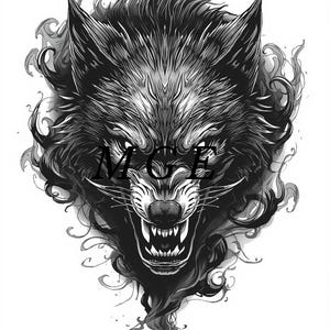 May include: A detailed black and white illustration of a wolf's head, snarling with bared teeth. The artwork features intricate shading and swirling details around the wolf's face, creating a dramatic and intense image. The text "MCE" is visible.