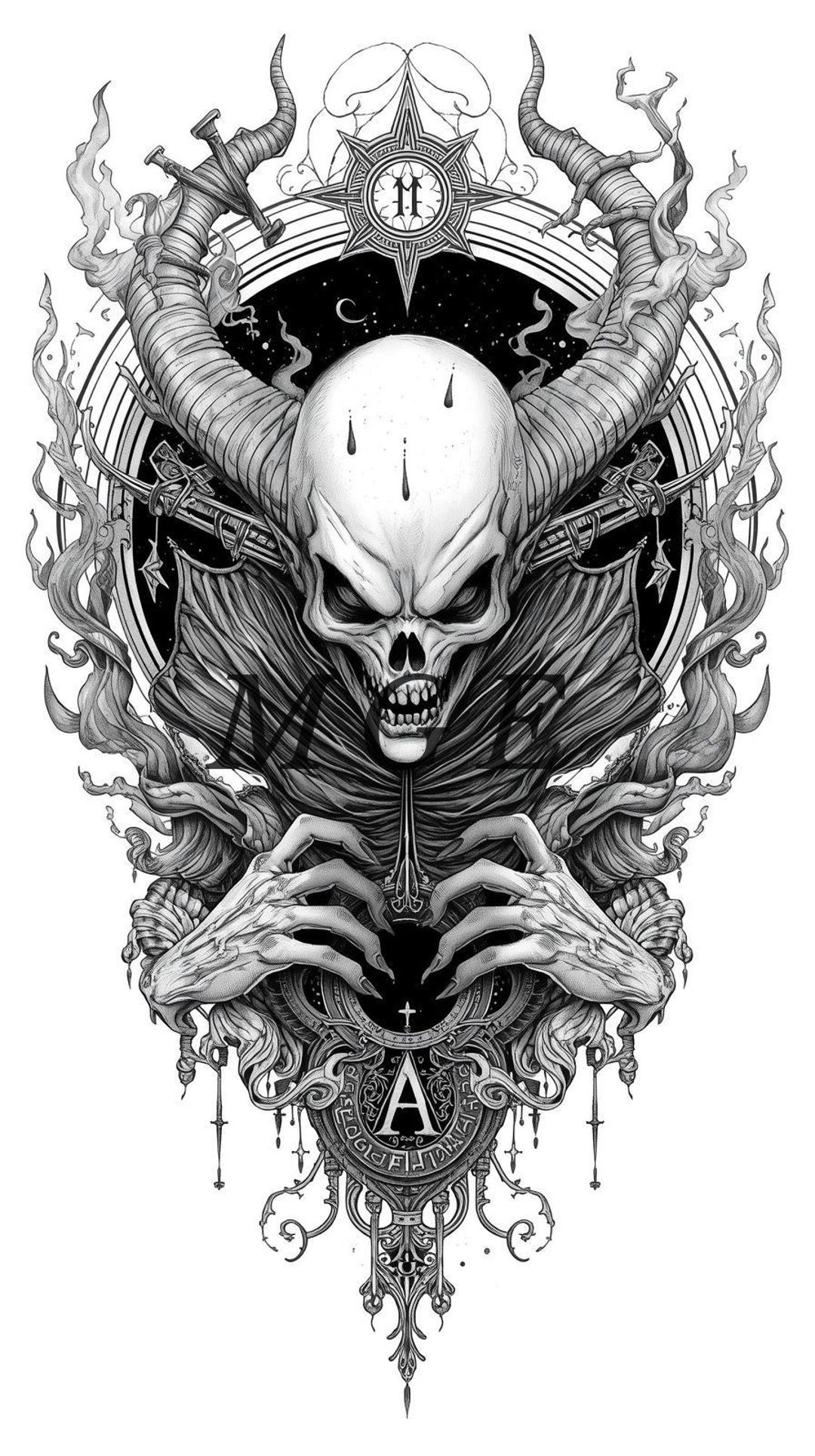 Menacing Horned Demon Skull Claws Occult Tattoo Stencil PNG SVG | Dark ...