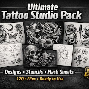Puede incluir: Una colección de diseños de tatuajes, plantillas y hojas flash. Los diseños incluyen imágenes de una mujer, mariposas, peces koi, un dragón, calaveras, rosas, serpientes y dagas. El texto de la imagen dice "Ultimate Tattoo Studio Pack" y "Instant Download".