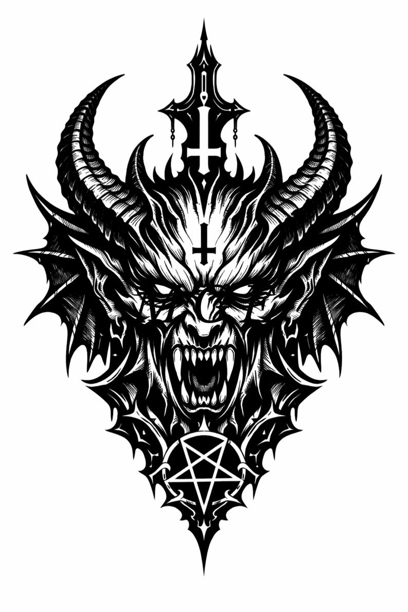 Demonic Svg Pattern Demonic Horned Skull Inverted Cross Tattoo Stencil PNG SVG | Dark ...