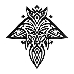 May include: A symmetrical black and white tribal design featuring geometric shapes and patterns. The design has a central face-like element with a beard-like shape extending downwards. The overall shape is reminiscent of a stylized bird or mythical creature.