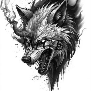 May include: A black and white illustration of a snarling wolf's head. The wolf's fur is detailed with shading, and its mouth is open, revealing sharp teeth. Smoke-like wisps emanate from the top of the head. The word "AGE" is partially visible across the face.