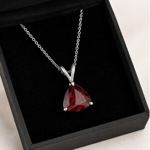 Peut inclure: Un collier en argent avec un pendentif en pierre précieuse rouge foncé, taillé en forme de triangle à facettes. Le pendentif est maintenu par une monture en argent fixée à une fine chaîne. Le bijou est présenté dans un écrin noir à l'intérieur sombre.