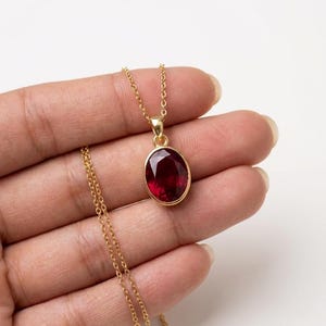 Oval Lab Ruby Pendant Necklace, Gold Bezel Setting, Deep Red Gemstone, July Birthstone