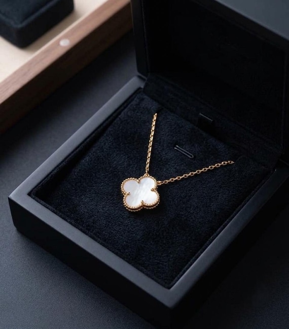 Mother of Pearl Clover Necklace, Gold Tone Four Leaf Flower Pendant