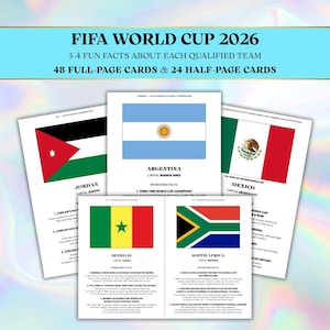 以下が含まれることがあります： FIFAワールドカップ2026のインフォメーションカードセット。国旗、国名、首都、豆知識が記載されています。48枚のフルページカードと24枚のハーフページカードで構成され、ヨルダン、アルゼンチン、メキシコ、セネガル、南アフリカの例が示されています。