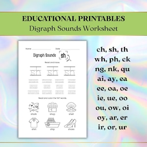 May include: Educational printable worksheet for learning digraph sounds. The worksheet includes tracing and reading exercises for sounds like "sh", "ch", and "th". Includes illustrations of words like "shark", "shop", and "ship".