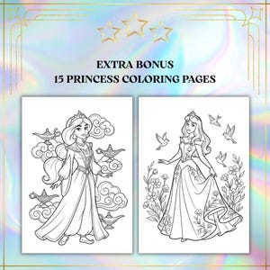 May include: Two princess coloring pages with line art illustrations. One page features a princess with lamps and clouds, the other shows a princess with birds and flowers. The text reads "EXTRA BONUS 15 PRINCESS COLORING PAGES".