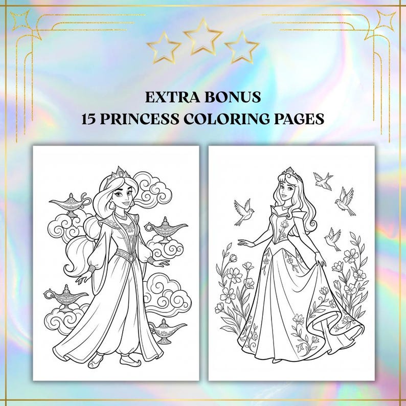 May include: Two princess coloring pages with line art illustrations. One page features a princess with lamps and clouds, the other shows a princess with birds and flowers. The text reads "EXTRA BONUS 15 PRINCESS COLORING PAGES".