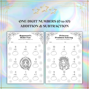 May include: Two black and white worksheets for one-digit number addition and subtraction. The left worksheet is titled "Rapunzel's Ruler Fun" and the right worksheet is titled "Princess Problem Solving". Each worksheet has math problems with images of princesses.