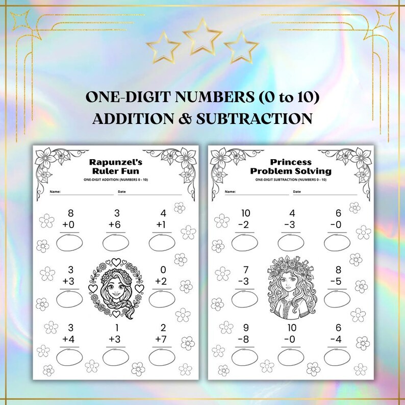 May include: Two black and white worksheets for one-digit number addition and subtraction. The left worksheet is titled "Rapunzel's Ruler Fun" and the right worksheet is titled "Princess Problem Solving". Each worksheet has math problems with images of princesses.