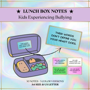 Puede incluir: Ilustración digital de una lonchera morada con una nota que dice "Sus palabras no te definen. Tu corazón sí." Se incluyen notas adicionales con afirmaciones positivas. El texto "Lunch Box Notes" está en la parte superior.