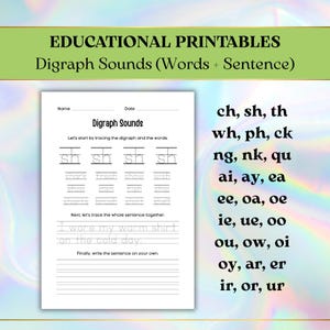 May include: Educational printable worksheet with the title "Digraph Sounds (Words + Sentence)". The worksheet includes tracing exercises for digraphs like "sh" and "ch", and a sentence to trace. A list of digraphs is on the right.