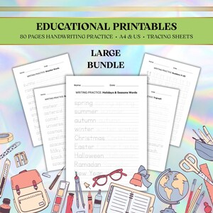 Pode incluir: Um pacote de 80 folhas educativas de caligrafia para praticar o traçado em tamanhos A4 e US. As folhas incluem linhas para praticar a escrita com palavras como spring, summer, autumn, winter, Christmas, Easter, Halloween e Ramadan.