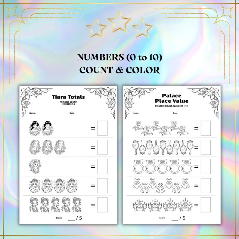 20 Preschool Math Worksheets, Princess Edition, Addition, Subtraction, Single Digit, Activity Pages (Digital Download) A4/US Letter Size image 12
