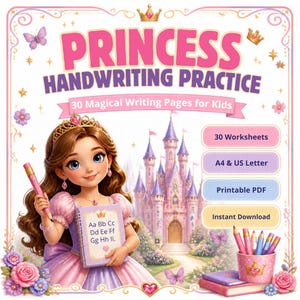 Op de afbeelding: Een werkbladset getiteld PRINCESS HANDWRITING PRACTICE 30 Magical Writing Pages for Kids. Het bevat een stripfiguur met een potlood en een notitieboekje met de letters Aa Bb Cc Dd Ee Ff Gg Hh Ii, een kasteel en tekstvakken voor 30 Worksheets, A4 & US Letter, Printable PDF en Instant Download.