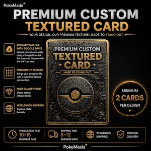 May include: A black and gold custom textured card featuring a central circular emblem with intricate patterns. The text reads Premium Custom Textured Card and Made to Stand Out. The design includes icons for Google Drive, UV texture, print quality, and shipping.