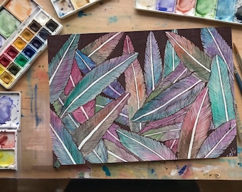 Original Fluttering Dreams Painting | 9x12 Feather Wall Art | Ink & Watercolor Mixed Media Artwork Unframed