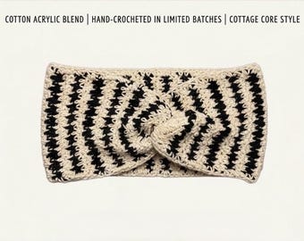 Adult Crochet Twisted Headband Black & White Houndstooth Ear Warmer Cotton Blend